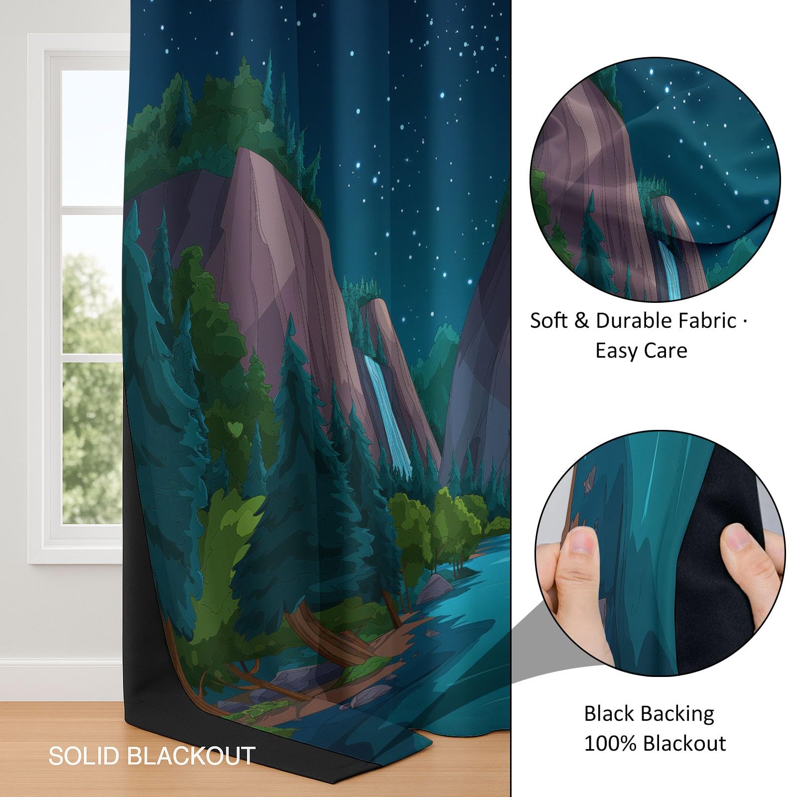 Berge Wasserfall Sternenhimmel 2er Set Verdunkelungsvorhänge mit Ösen, Cartoon Blickdicht Thermo Isoliert Vorhänge für Wohnzimmer & Schlafzimmer, HxB 214 x 91.5 cm