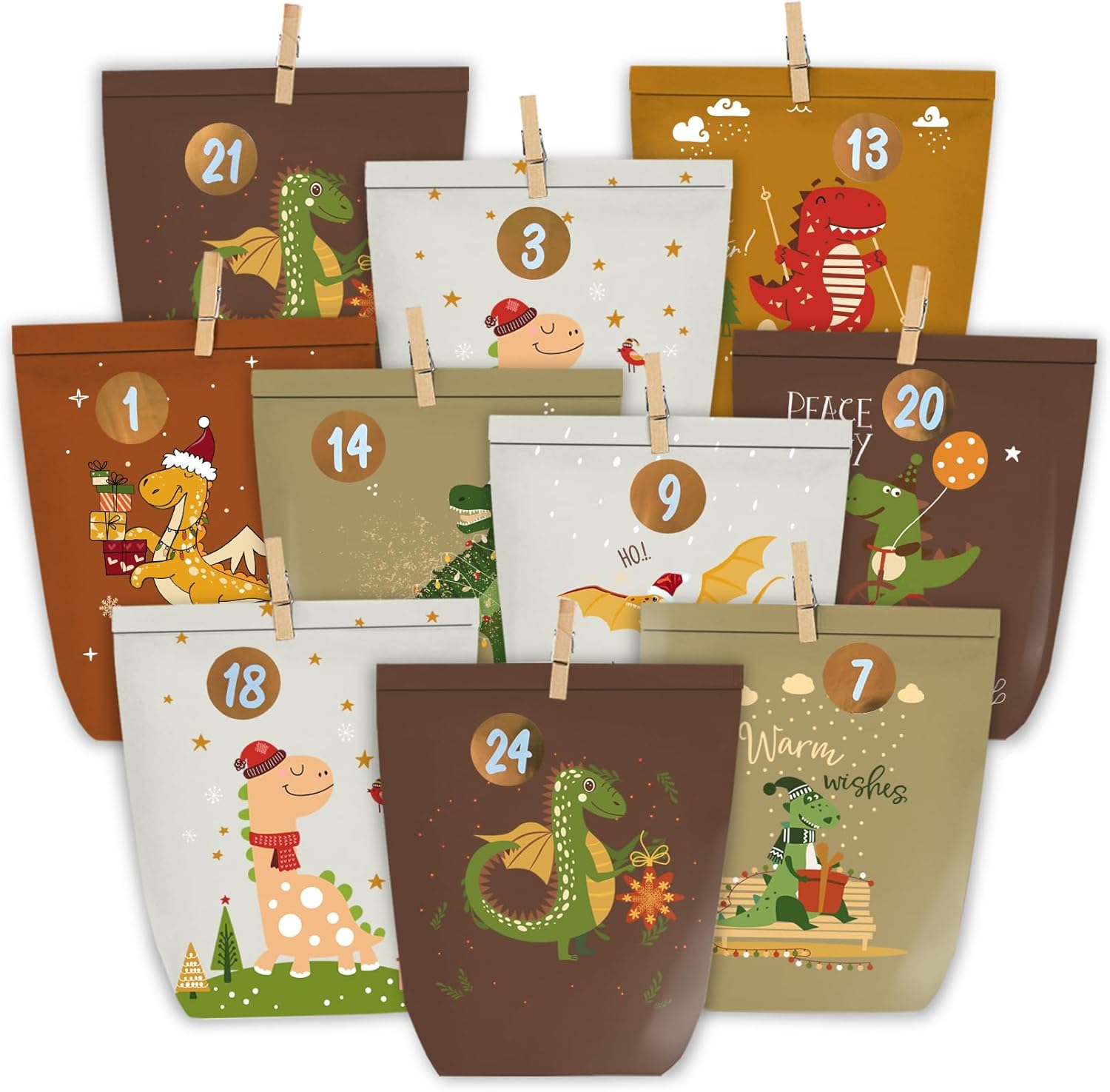 Adventskalender zum Befüllen, 24 DIY Adventstüten zum Selber Basteln, Dinosaurier Papiertüten zum Selbstbefüllen, Weihnachtskalender mit Zahlen Aufkleber