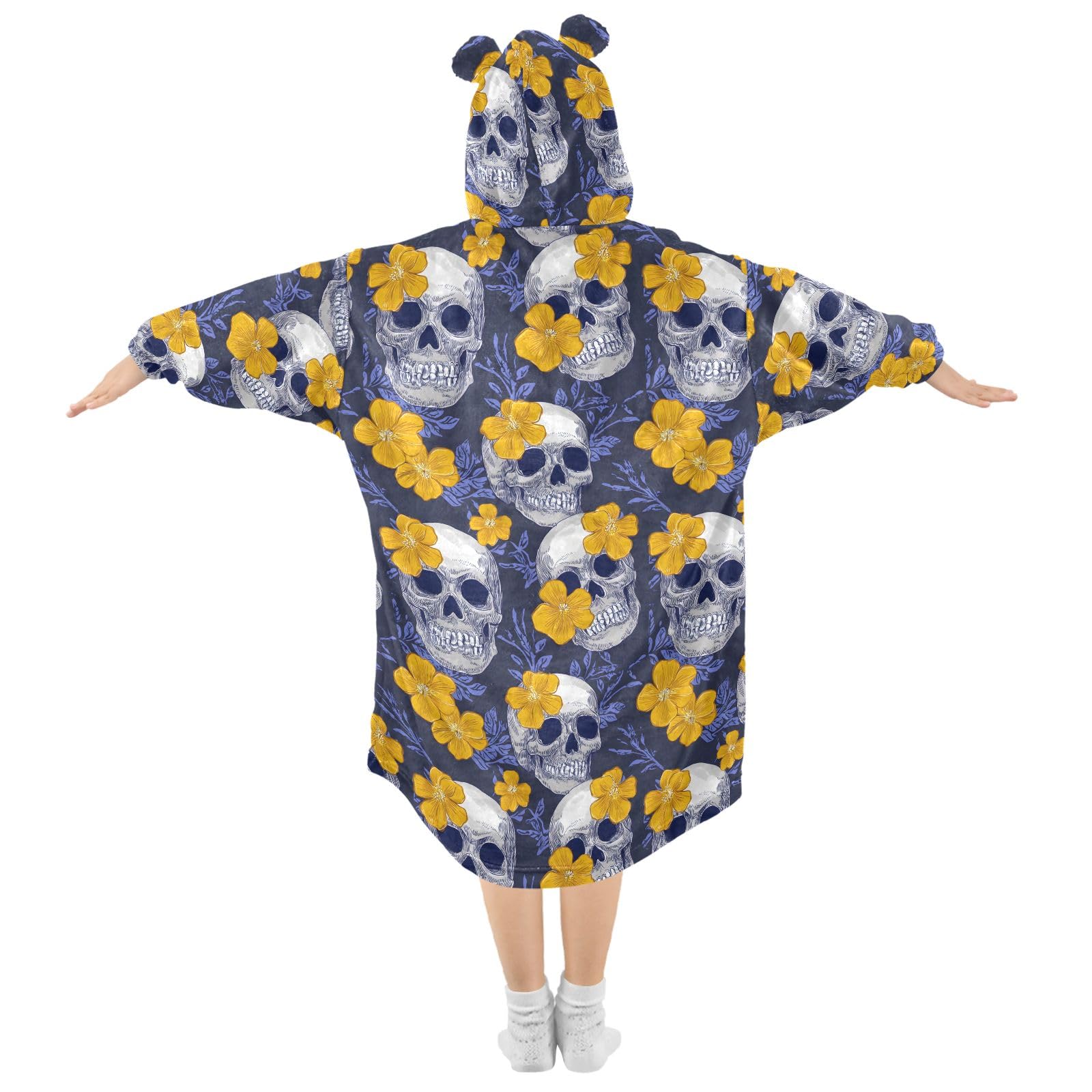 Manta con capucha y flores amarillas para niños, bata de franela suave con orejas y bolsillos, ropa de dormir cálida para niños y niñas
