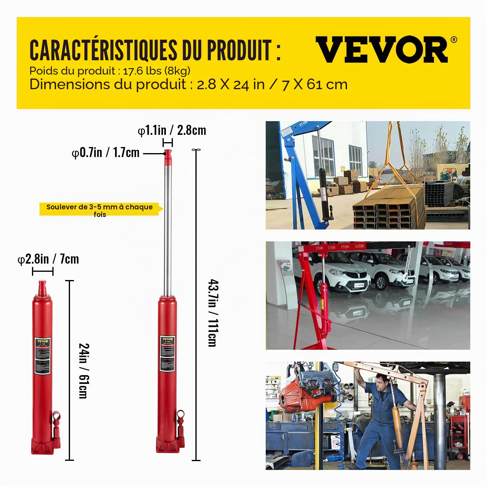 VEVOR Vérin Hydraulique Long pour Grue d'Atelier 4 Tonnes, Cylindre Hydraulique Support Moteur avec Pompe à Simple Piston et Base Plate, Tige Hydraulique pour Chèvre Levage Moteur Entretien, Rouge