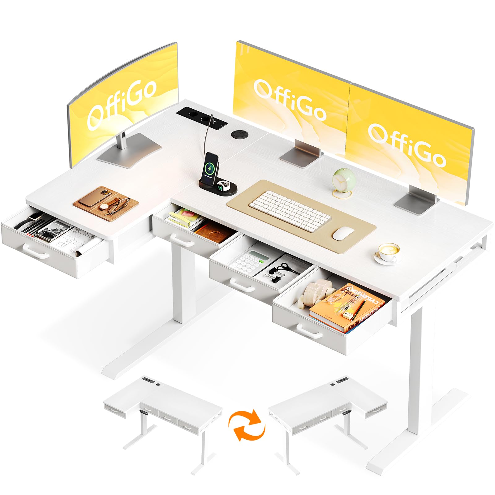 OffiGo Eckschreibtisch Höhenverstellbar, 140x80 cm Schreibtisch höhenverstellbar mit 4 Schublade, Elektrischer Tisch L Form mit Steckdose für Büro und Arbeitszimmer, Groß Ecktisch Weiß