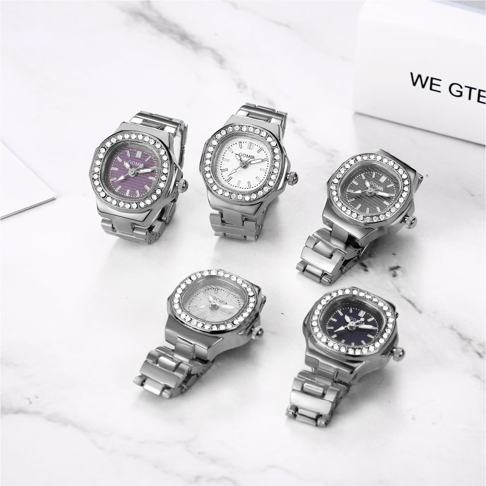 JewelryWe Ringuhr Fingeruhr Damen Uhren - Quadrat Quarz Analoge Verstellbar Metall Ring Uhr Frauen Glitzer Strass Fingerringuhr Uhrenring mit Schwarz Rechteckigem Zifferblatt