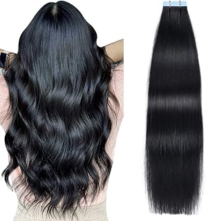 SUYYA Jet Black Tape-In Hair Extensions 20" 100% Remy Human Hair Seamless Skin Weft 50g Pack - Tangle-Free Straight #1B
