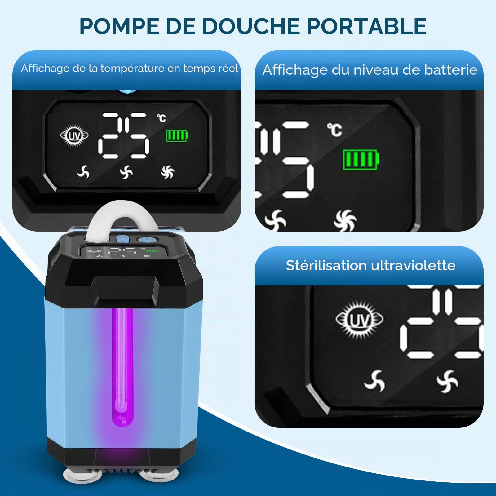 Douche de camping portable - Batterie avec pompe - Fonction stérilisation - 5400 mAh - Rechargeable - Avec pommeau de douche et tuyau de 2 m - Affichage de la température et de la puissance - Pour
