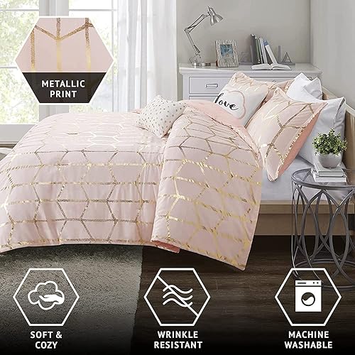 Miniatura 4 de Intelligent Design Raina - Juego de funda de edredón con estampado geométrico metálico Poliéster Dorado BlushGold Full Queen