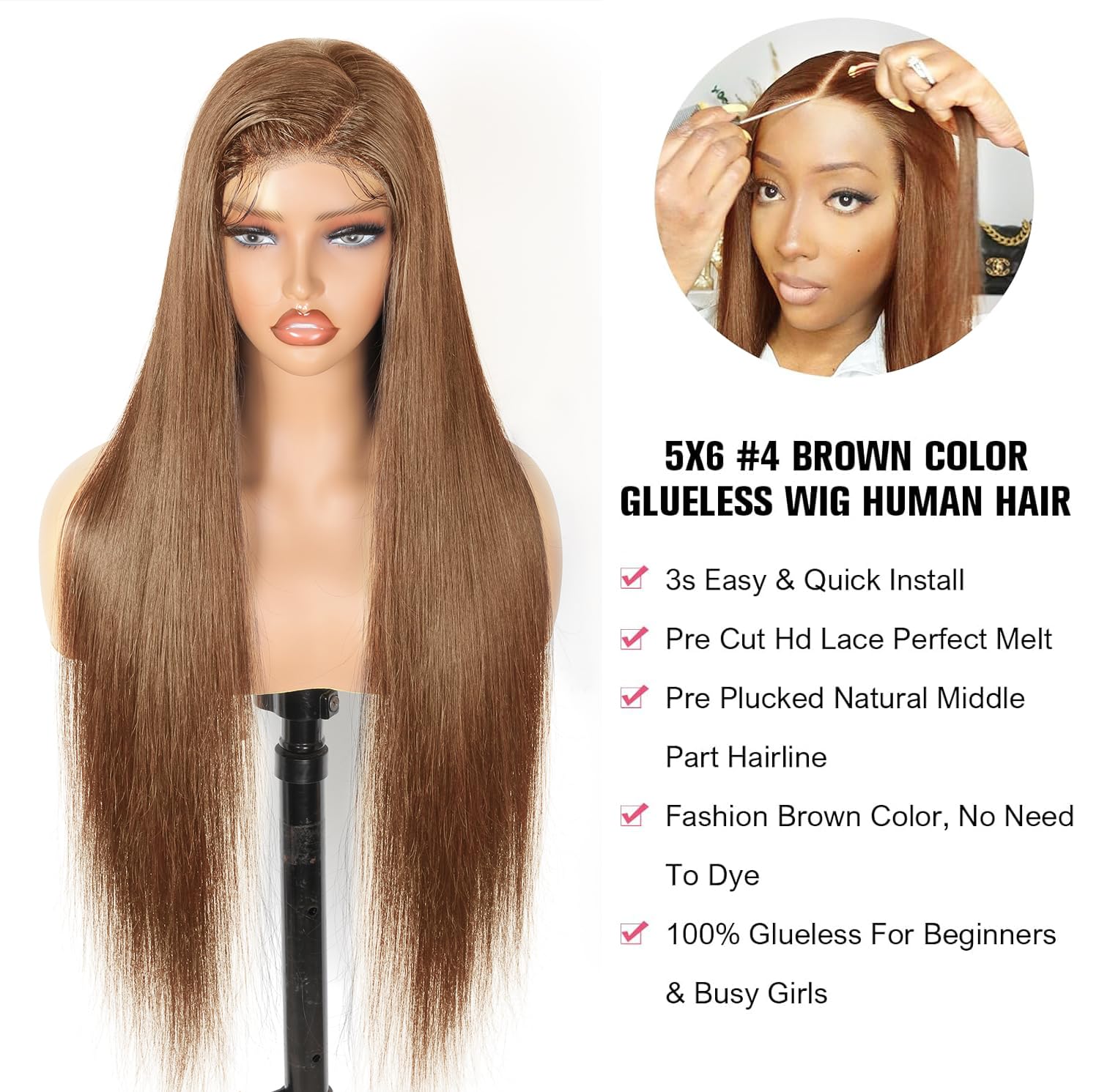 Glueless Wig Human Hair Chocolate Brown 5x6 Pre Cut Lace Wig Human Hair For Black Women, Perruque Femme Naturelle Brésilien Perruque Cheveux Humain Sans Colle Marron Chocolat Straight Wig 18 Pouces