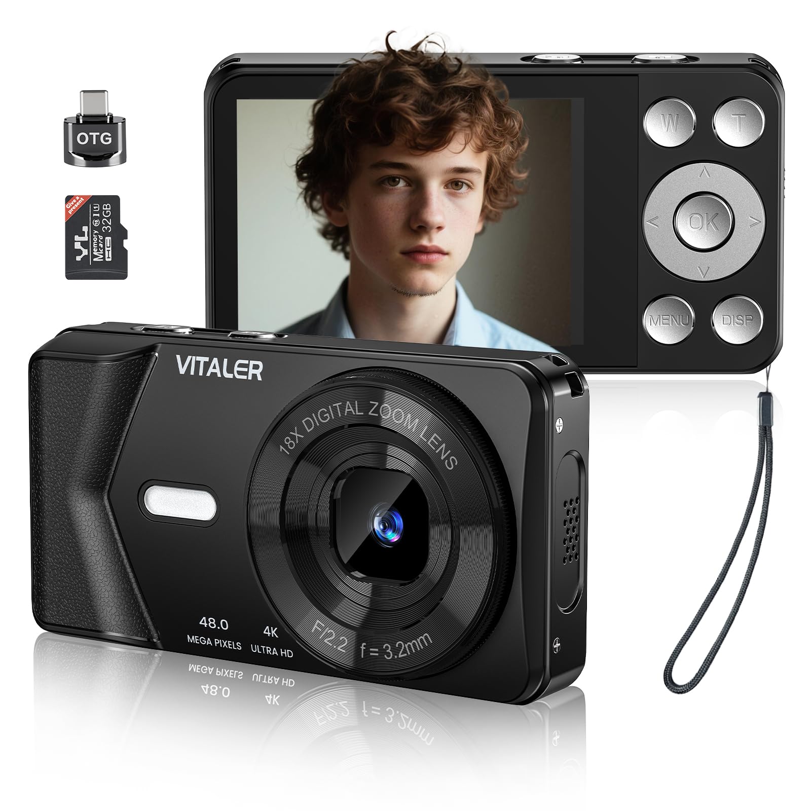 Fotocamera digitale, autofocus 48 MP 4 K fotocamera per fotografia con scheda da 32 GB, fotocamera digitale compatta portatile per adolescenti adulti principianti bambini con guscio in metallo