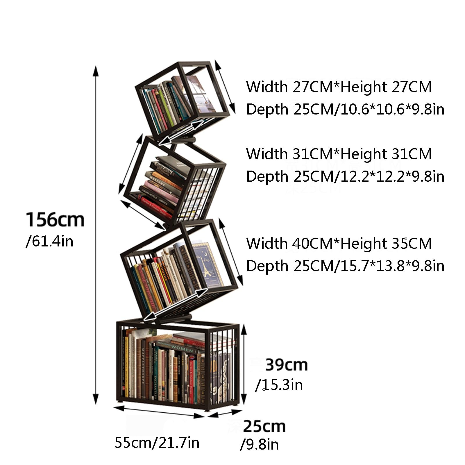 Book Shelf,Metal Tower for Small Spaces ， Modern Vertical Bookshelf, Multipurpose Corner Tall, Invisible Floating, Display for Home Office(55 * 25 * 156cm)