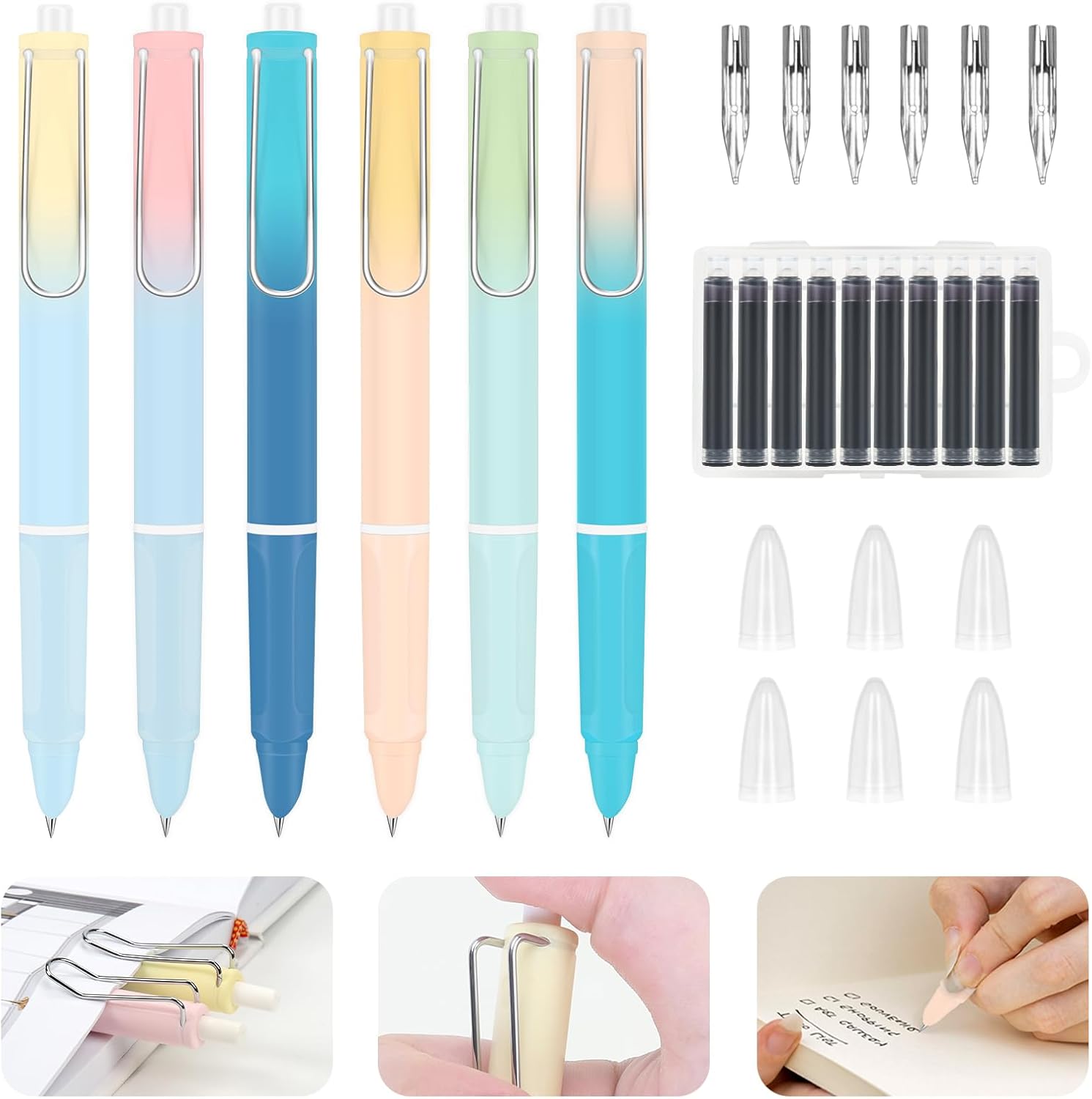 Retractable Fountain Pens, 6PCS Fountain Pens for Writing