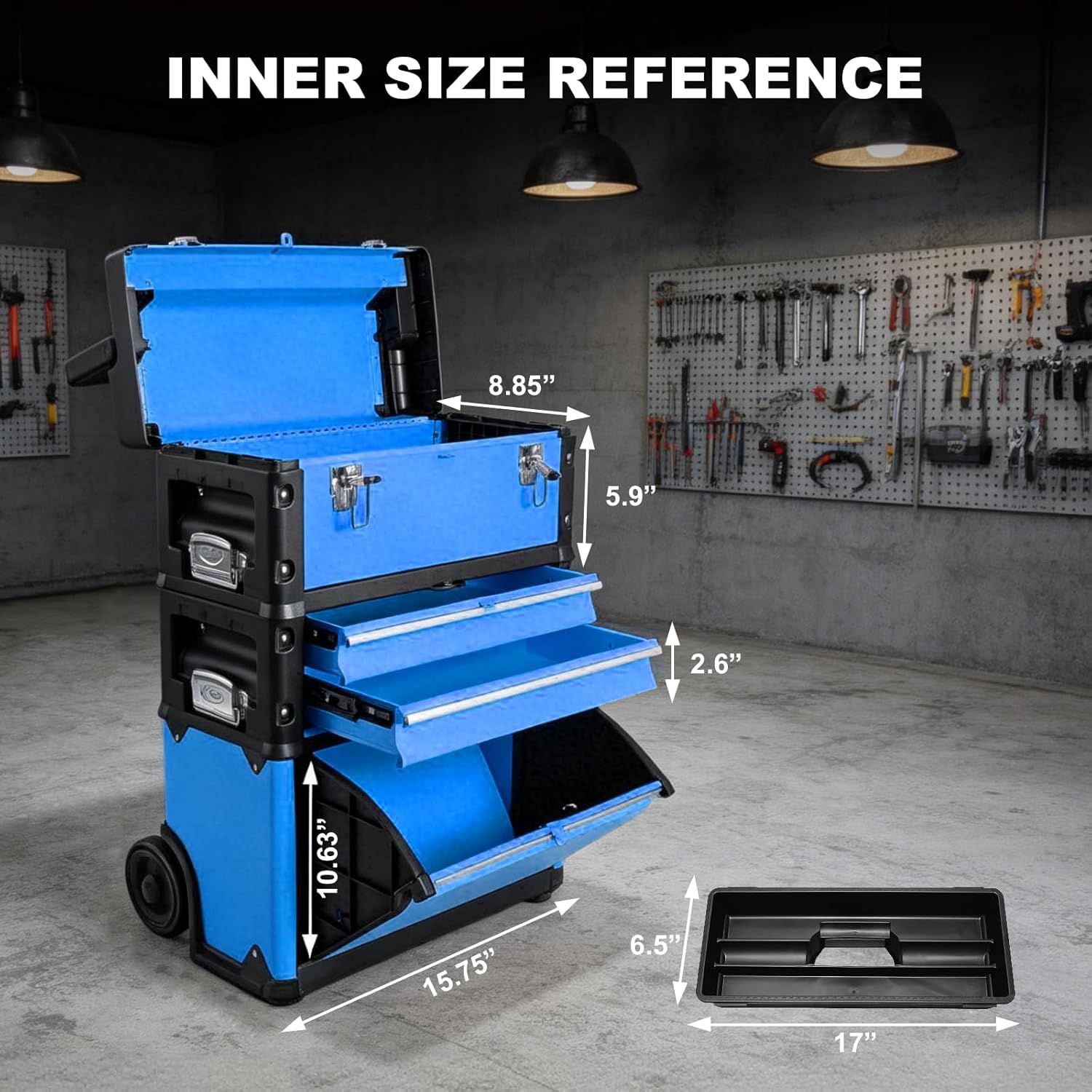 Stackable Rolling Tool Box Portable Metal Toolbox Organizer with Wheels and 2 Drawers Separate Rolling Upright Trolley Tool Chest for Garage or Workshop, Blue
