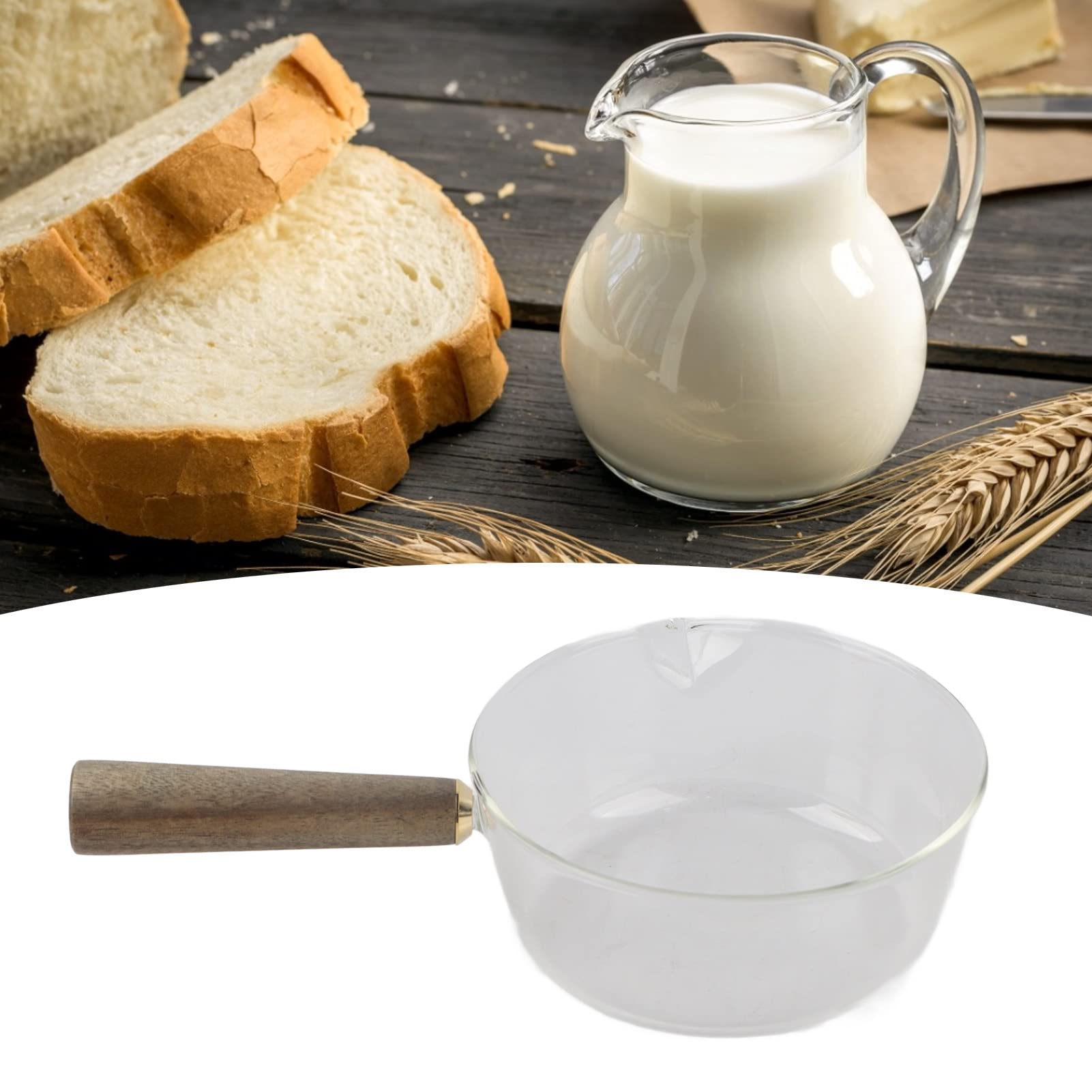 Glass Milk Pot with Wooden Handle, Small Saucepan with V Shaped Spout, Exquisite Workmanship Milk Boiling Pot Multifunction Cooking Utensil for Hot Milk, Salads, Noodles (Large)