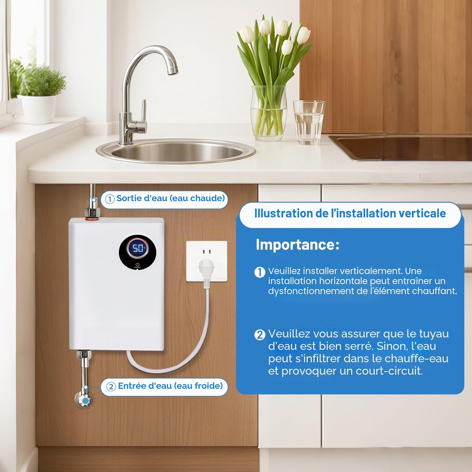 Chauffe-eau instantané électronique, 220V 3800W Chauffe-eau instantané de la température, chauffe-eau instantané électrique pour RV cuisine salle de bain