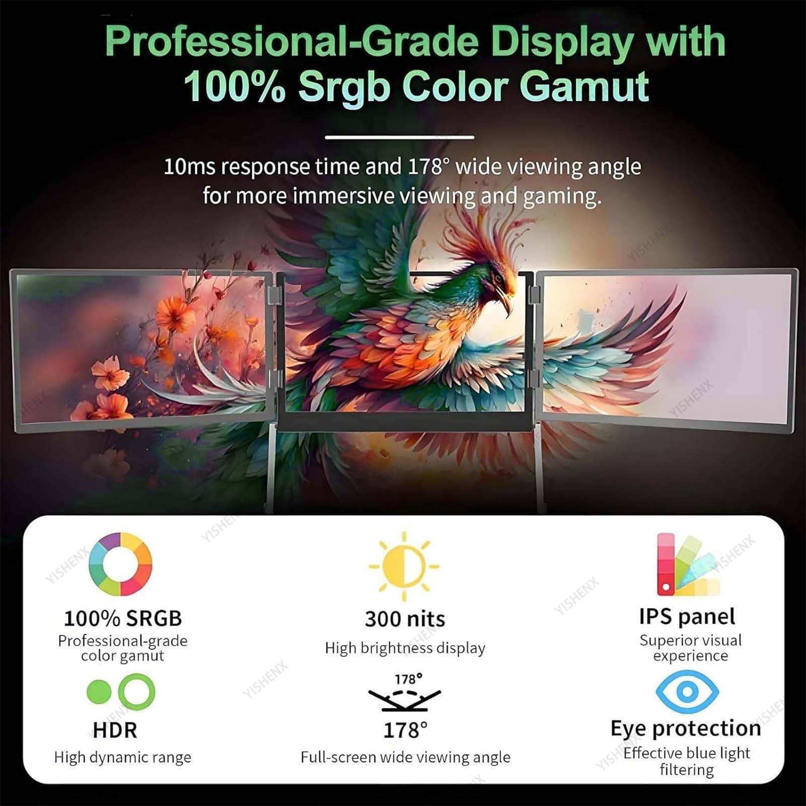 Monitor per Laptop a Triplo Schermo, Display Pieghevole HD Da 15,6", Rotazione a 360°, Copertura Srgb Al 100%, Regolazione Dell'altezza Su 3 Livelli, Windows, Mac, Linux, Android, Per Ufficio