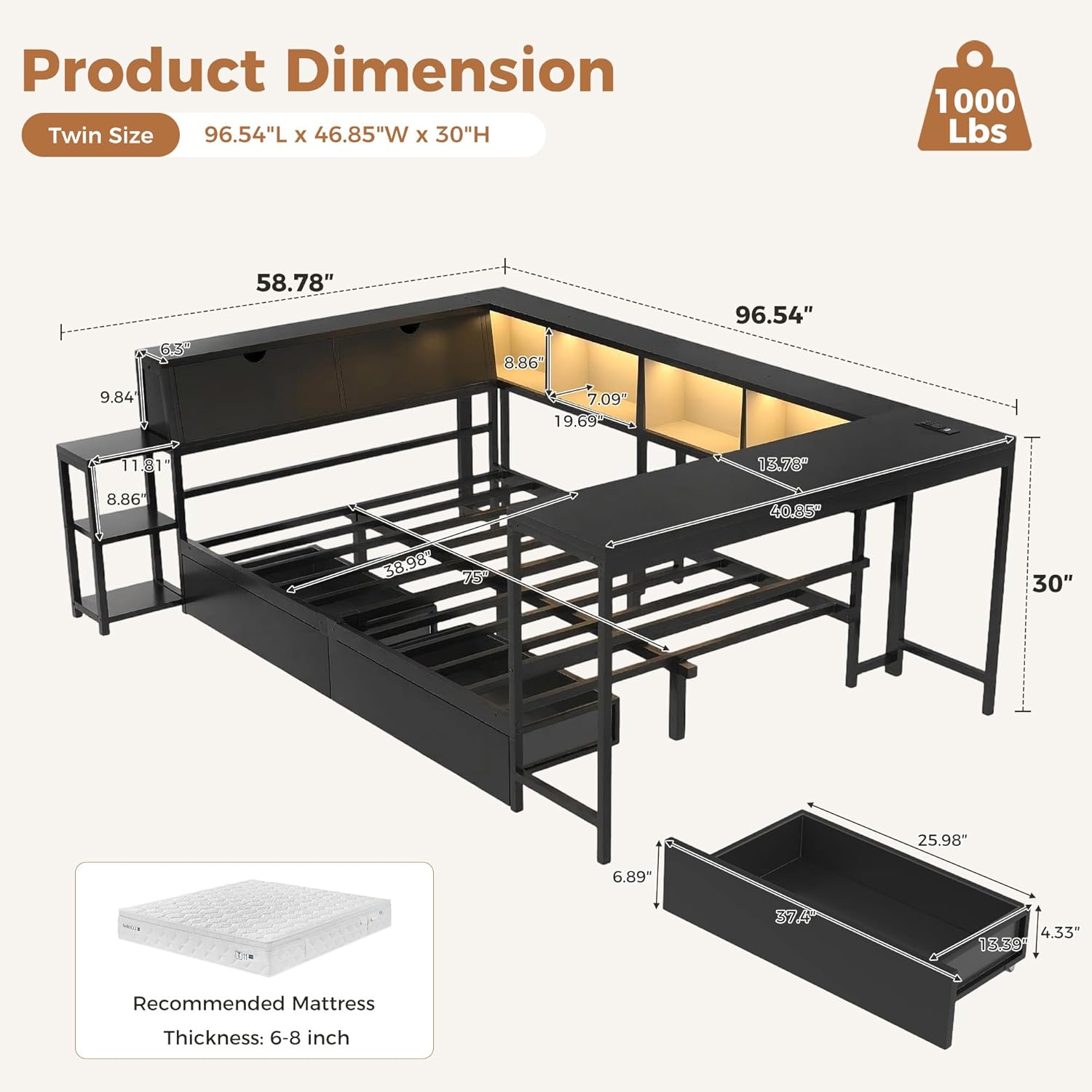 Twin Corner Bed Frame with Bookcase and Desk, U-Shaped Metal Platform Bed with Dual Charging Station, LED Lights & 2 Drawers, Space-Saving Metal Bed Frame for Bedroom, Black