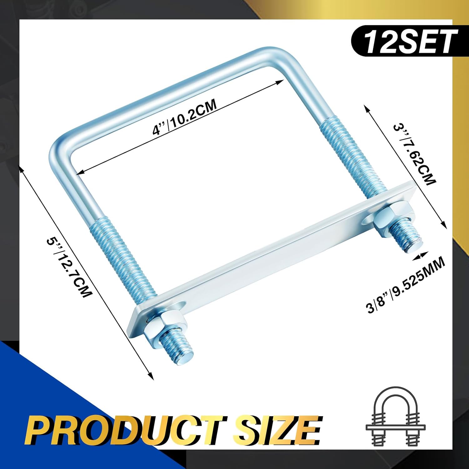 Zonon 12 Pcs 3/8" x 4" x 5" Square U Bolt with Frame Plates and Nuts Zinc Plated U Clamp Bolts for Boat Trailer Tube Rectangular Wood Industrial Supplies and Metal Object