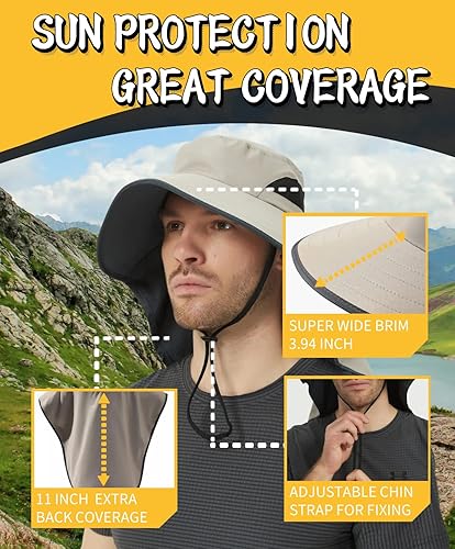 Miniatura 5 de HLLMAN Sombrero de ala súper ancha, protección UPF 50+, sombrero de pescador impermeable para pesca, senderismo, campamento, nailon transpirable y