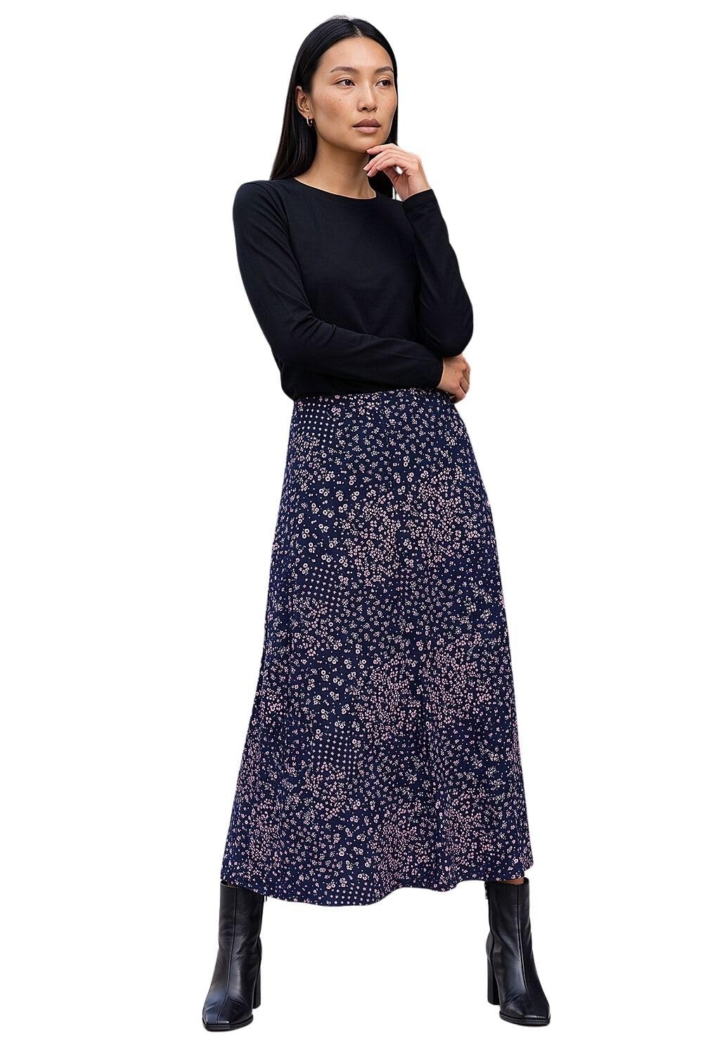 Roman Women's Navy Linear Floral Print Stretch Midi Skirt Size 12