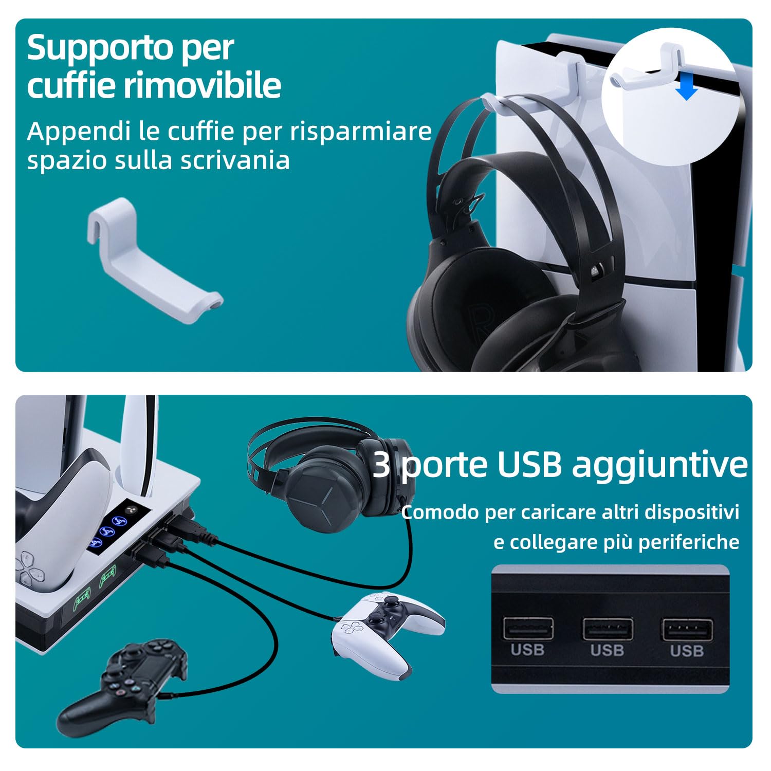 Supporto Verticale di Raffreddamento per PS5/PS5 Pro/PS5 Slim Stazione di Ricarica per Controller Doppi con 3 Livelli di Ventola/Supporto per Cuffie per PS5/PS5 Slim UHD/Digital Edition
