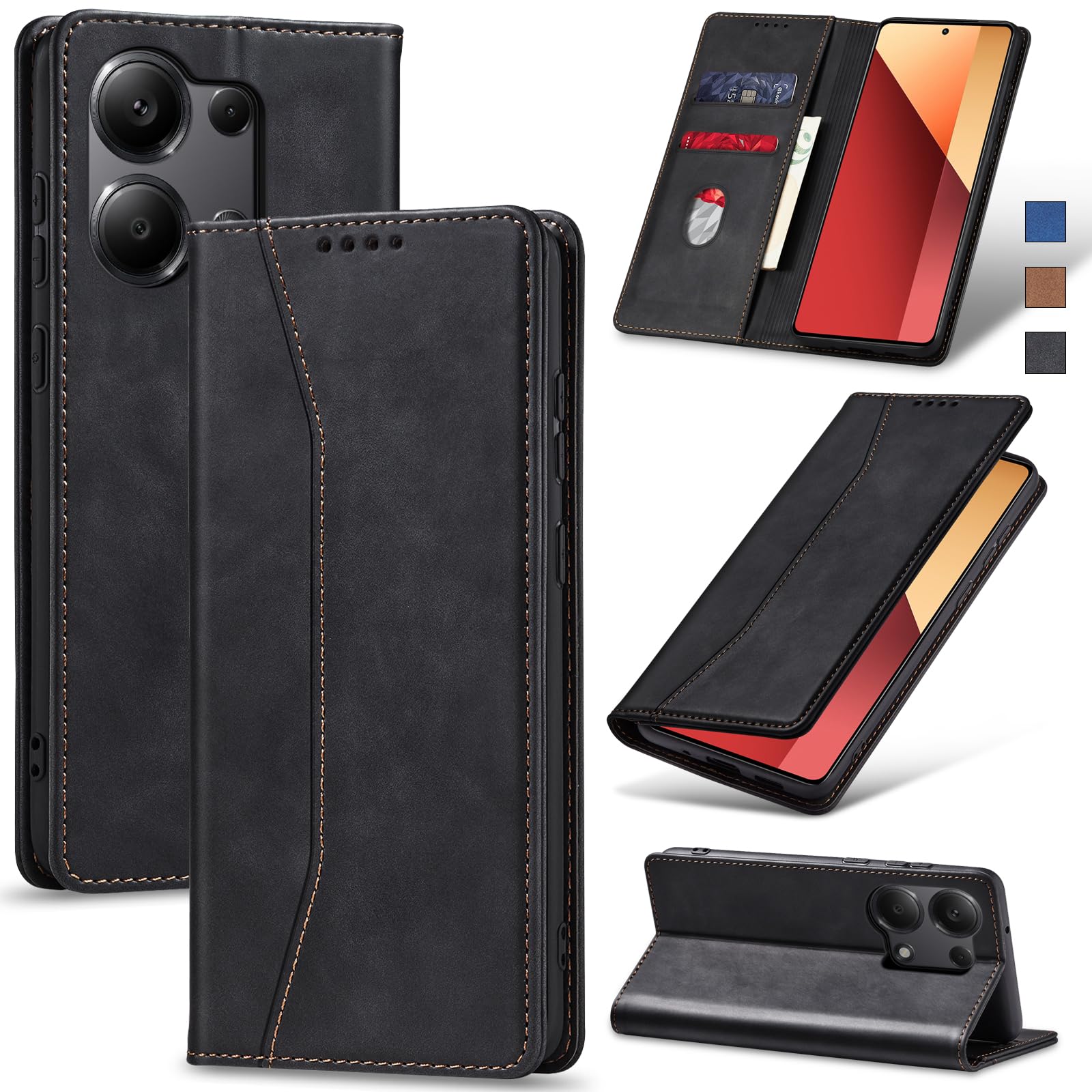 Ganbary Leder Klapphülle Für Xiaomi Redmi 13 4G / Poco M6 4G – Mit Standfunktion & Kartenfächern, Schwarz