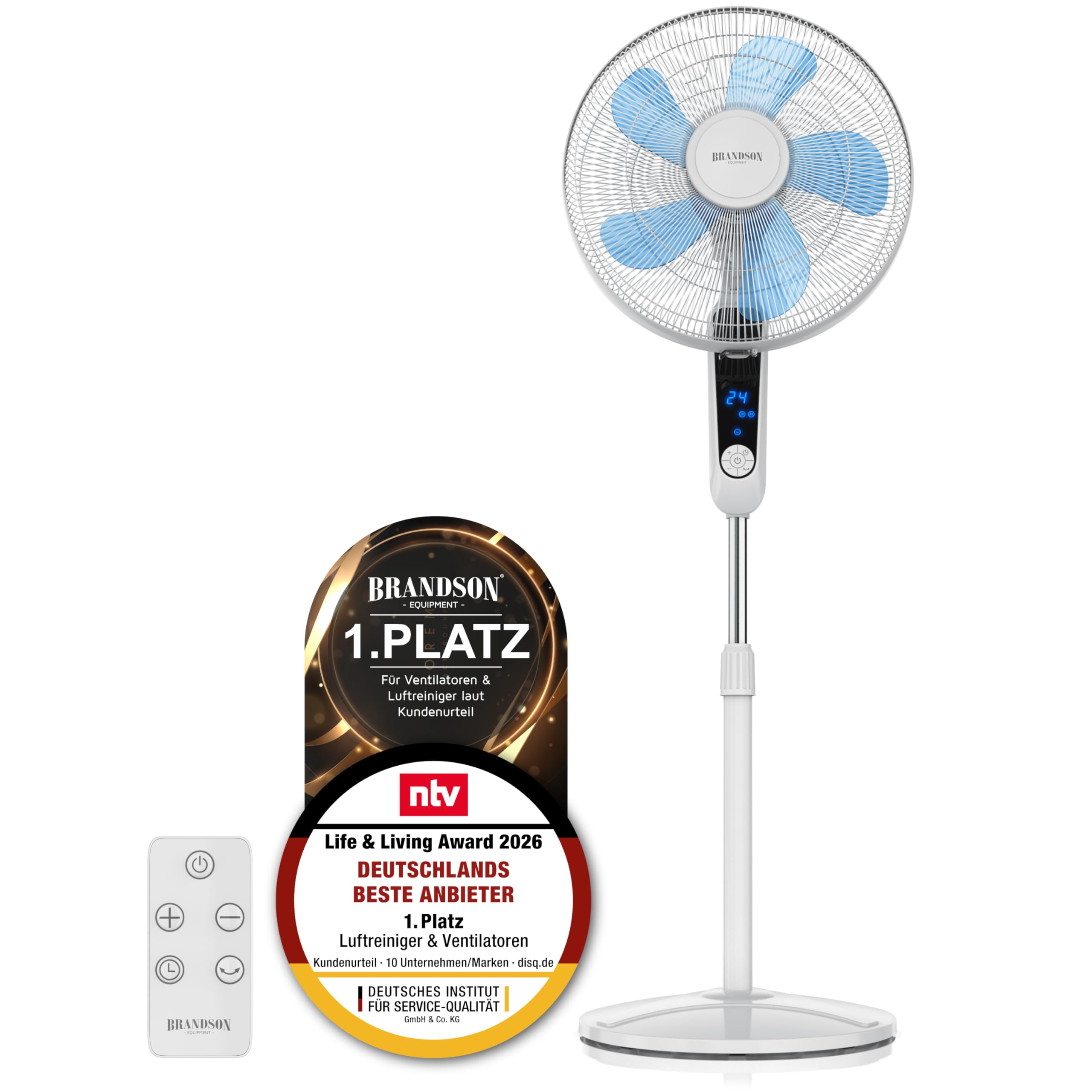 Brandson - Standventilator DC Silent mit Fernbedienung + LED Display - 24 Geschwindigkeiten - Oszillation 80° - Ventilator sehr leise - Höhe verstellbar - Kopf neigbar - energiesparend