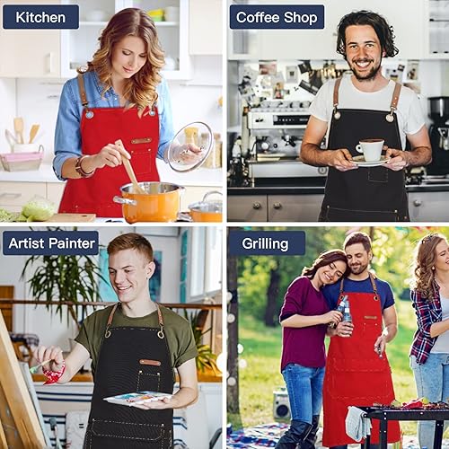 Miniatura 6 de Genixart Delantal de chef para hombres y mujeres con bolsillos, delantales de lona para cocina de cocina, pintura de artista, delantal de trabajo