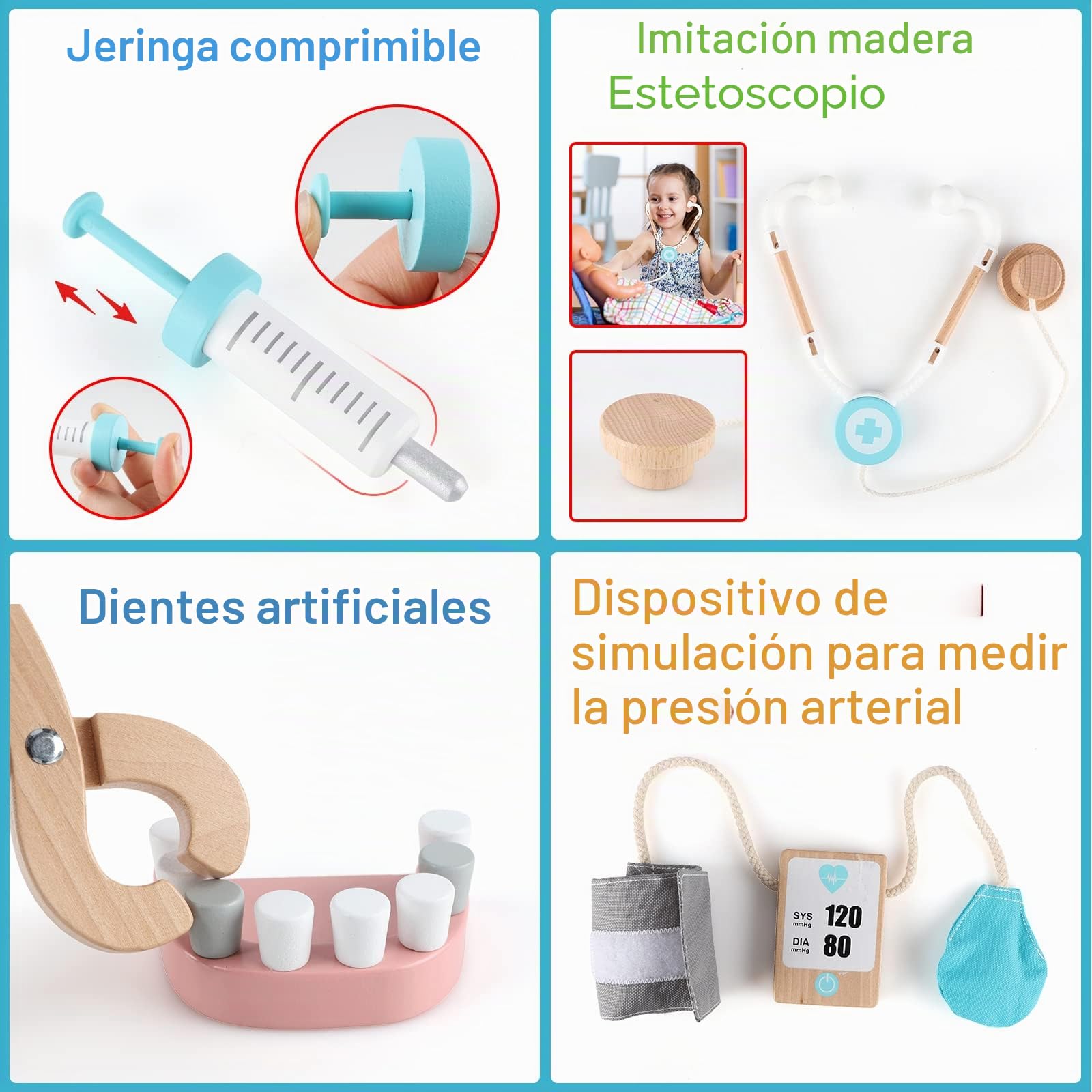 Jacootoys Juego de médicos de Madera 18 Piezas Estuche de Transporte Dentista Los simulan Roles Juguetes médicos para niños Niños Niñas 3 +