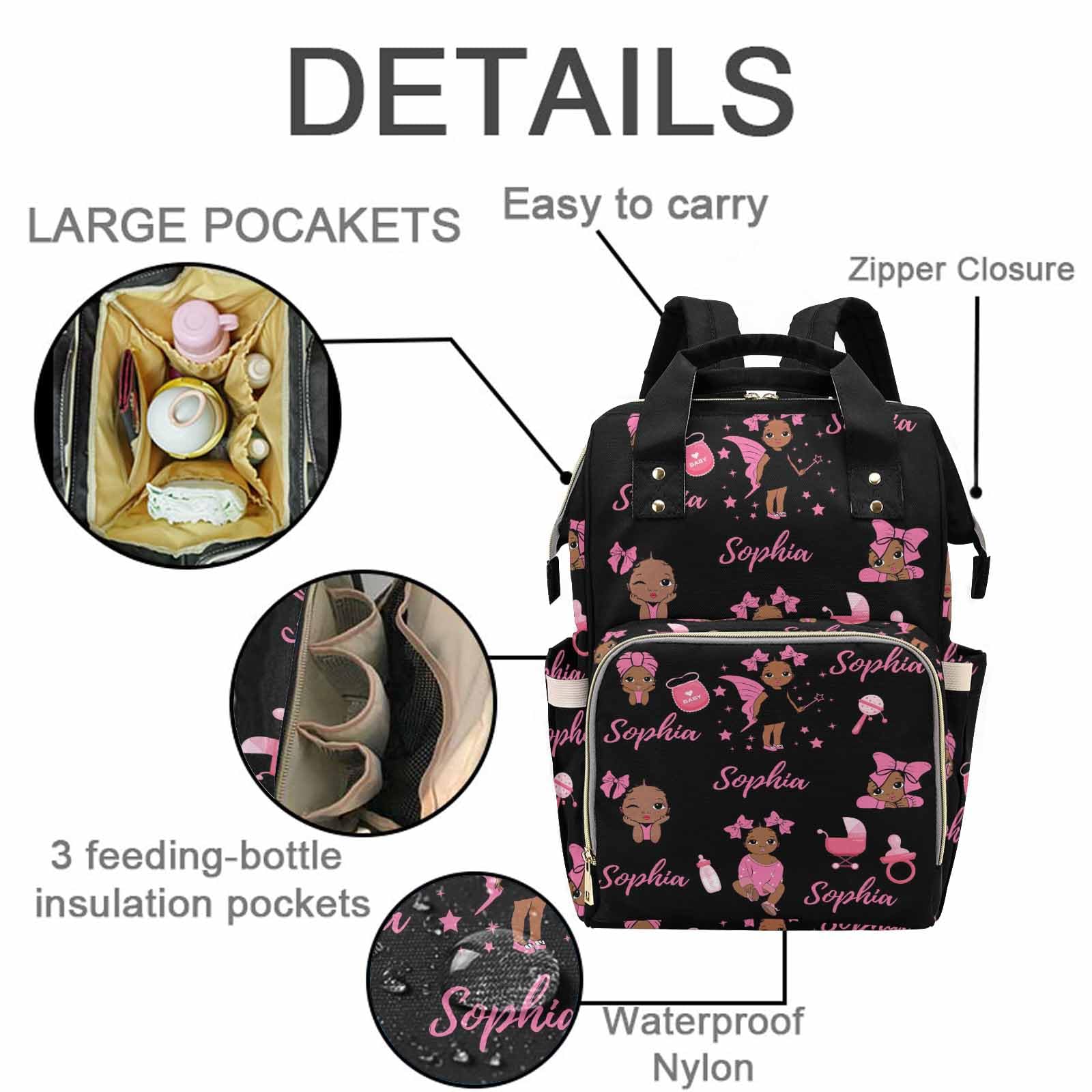 M YESCUSTOM Personalized Mommy Bag Customized Pink Princess Name Baby Diaper Bag Custom Nursing Bag Gift for Mom Shoulder Bag Backpack Casual Travel Daypack Bag for Shopping