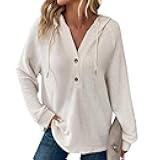 Womens Knit Sweater Hoodies Fall Fashion Outfits Long Sleeve Button V Neck Sweater Hooded Waffle Casual Sweatshirts