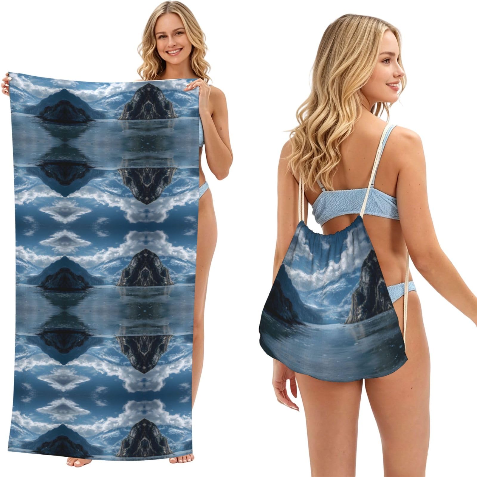 EZDLOWVBA Glacier Scenery Print Beach Towel Backpack 2 In 1 Summer Large Lightweight Beach Towel - Multifunctional Ship Pattern Towel Bag For Storage,Sport