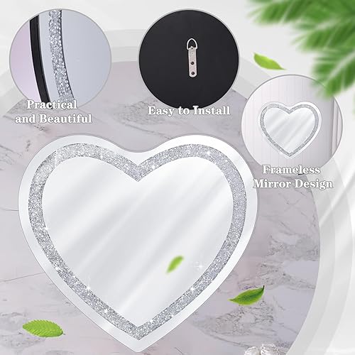 Miniatura 3 de Espejo de cristal plateado con forma de corazón gigante de 28 x 28 pulgadas, para colgar en la pared, sin marco, espejo de corazón plateado para