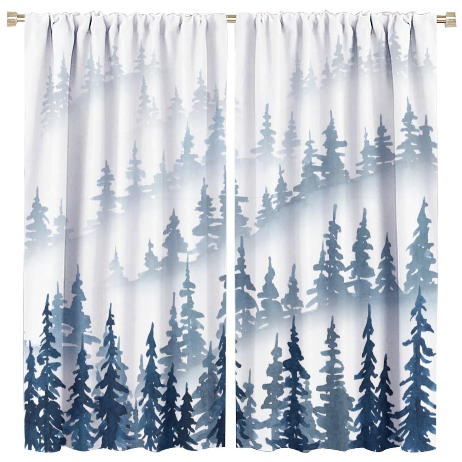 Watercolor Forest Curtains, White Misty Valley Gradient Natural Blue Forest Tree Mountain Peak Pattern Blackout Windows Treatments, Thermal Insulated Drapes for Kids Boys Girls Bedroom 42x45in