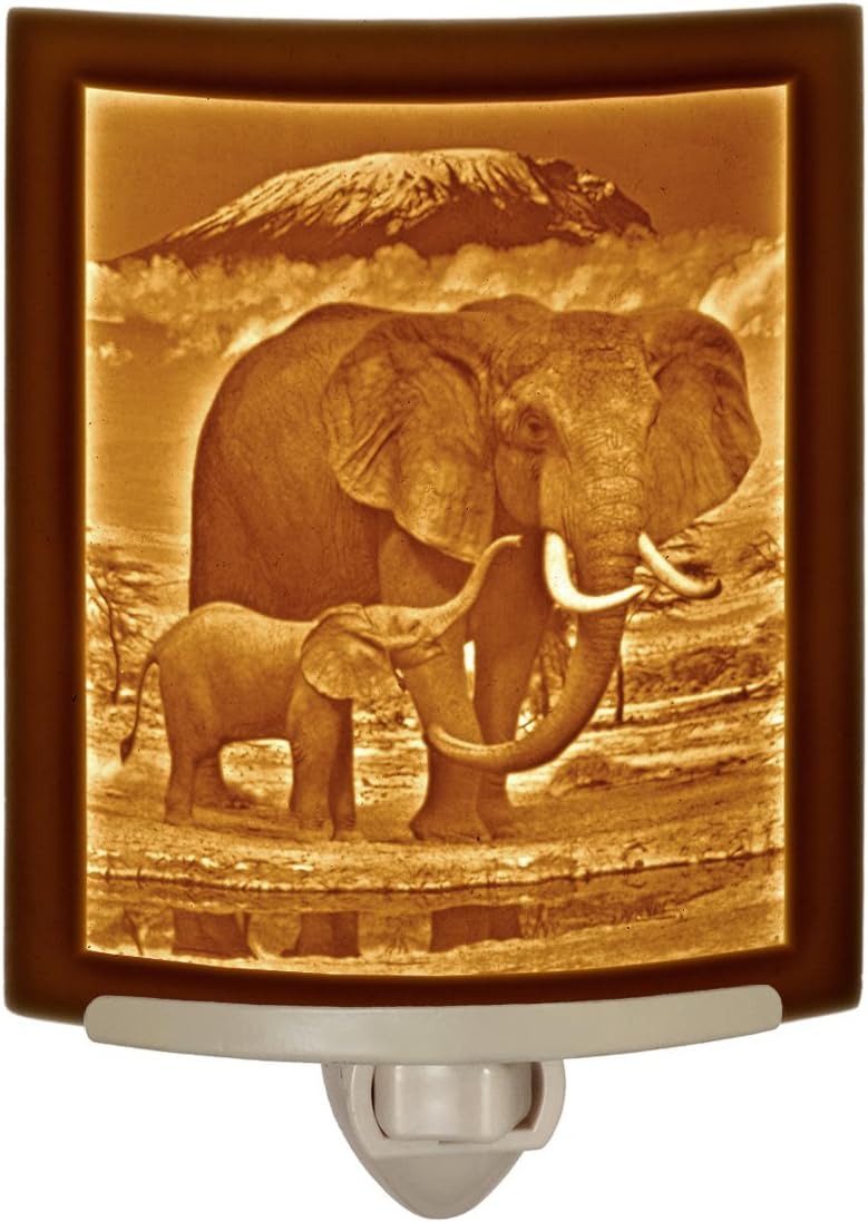 Elephant and Calf- fine Porcelain Curved Lithophane Night Light, Decorative Wall Plug in Nursery, Bedroom Kitchen, Bath, Hallway Animal Themed Accent Light