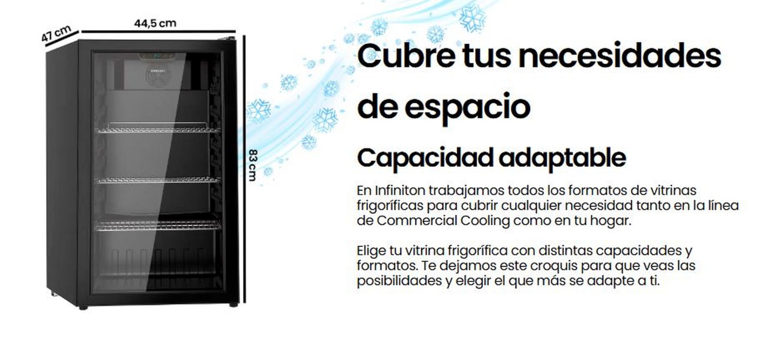 INFINITON Vitrina Frigorifica FTS-90L85NEG, 90 Litros, Altrua 83 cm, Fan ADD Cooling, 3 Estanterias, Led Interior, Doble Cristal, negro, E