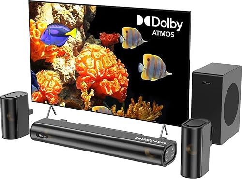 Hiwill Barra de sonido de 4.1 canales con Dolby Atmos, barra de sonido de 300 W para Smart TV con subwoofer, 2 altavoces envolventes frontales,