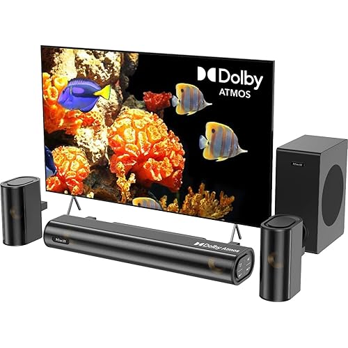 Hiwill 4.1ch Sound Bar with Dolby Atmos, 300W Sound Bar for Smart TV with Subwoofer, 2 Front Surround Speakers, Soundbar for TV Speaker, Adjustable Bass, Surround Sound System for TV, HiElite A41
