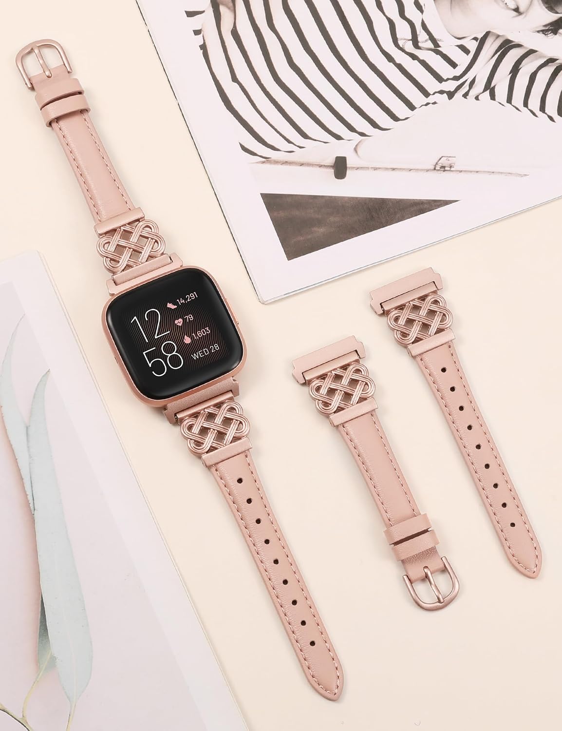 TOYOUTHS Celtic Knot Leather Band Compatible with Fitbit Versa 2/Versa/Versa Lite/SE Band Women, Slim Dressy Thin Designer Premium Leather Strap with Interlock Buckle for Fitbit Versa 2 Smartwatch
