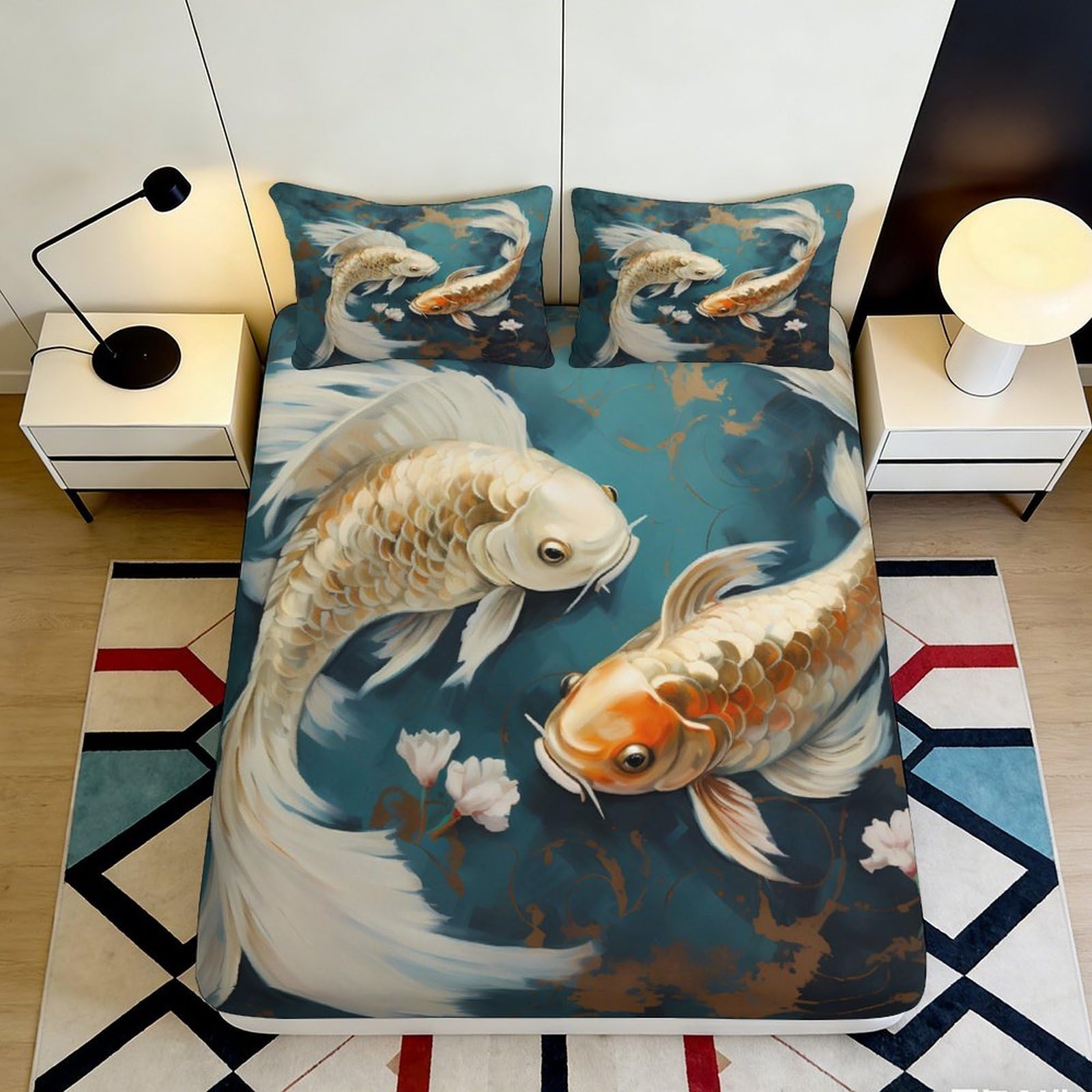 3D Printed Koi Fish Fitted Sheet Microfiber Soft Breathable Fish Pair Mattress Cover for Bedroom Dormitory Guest Room Mattress Protection Decor 200x200x25cm