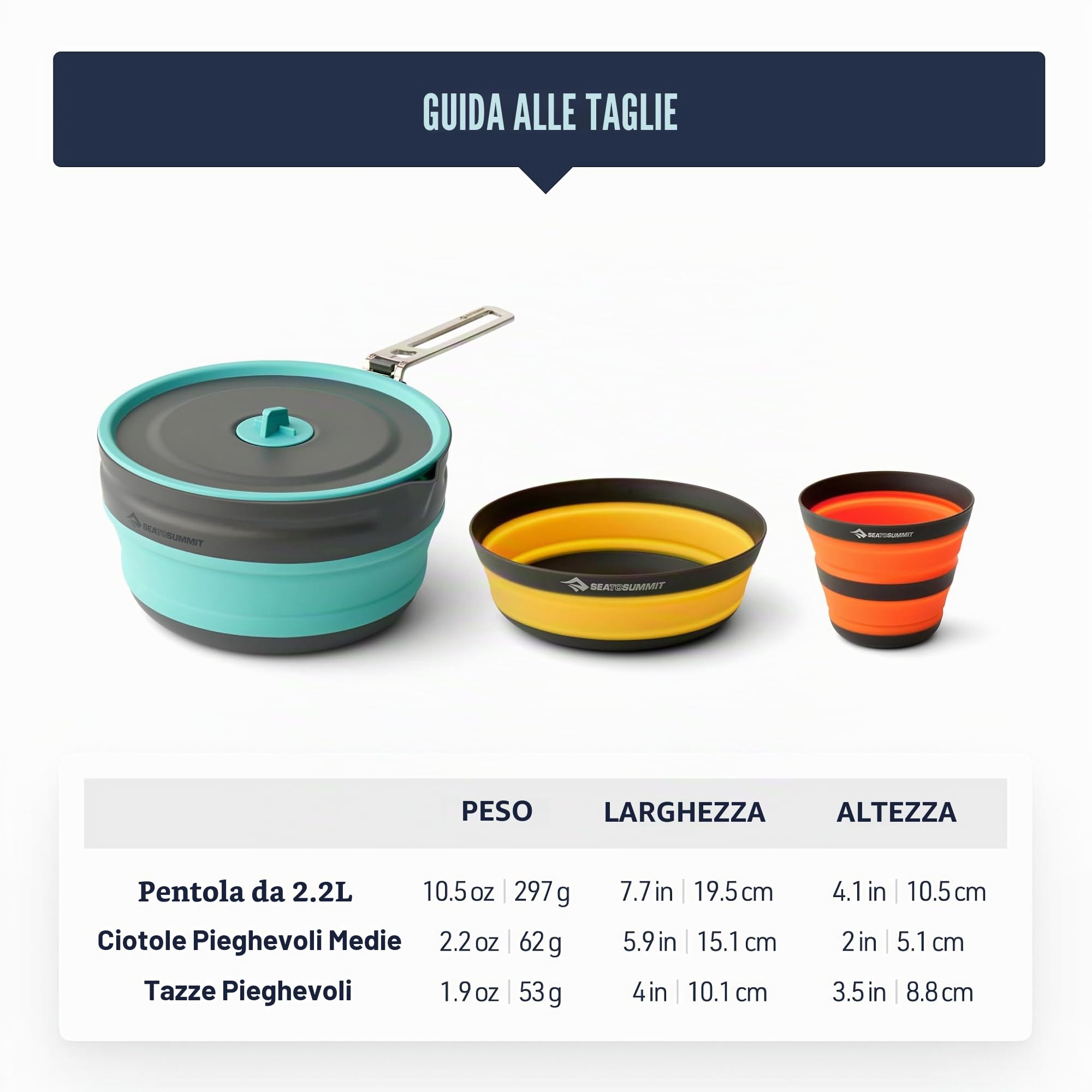 Sea to Summit Kit da cucina pieghevole ultraleggero per 2 persone (1 pentola, 2 ciotole, 2 tazze) in silicone per uso alimentare, alluminio anodizzato duro
