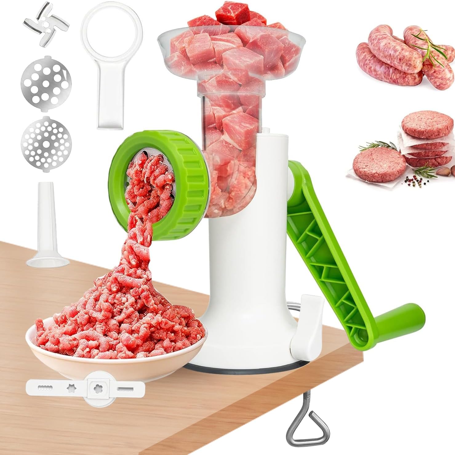 LHS Manual Meat Grinder, Heavy Duty Meat Mincer Sausage Stuffer,Hand Grinder with Stainless Steel Blades for Meat, Sausage, Cookies,Green(3 in 1, with table clamp) - Amazon product rated Grade A