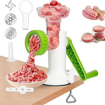 LHS Manual Meat Grinder, Heavy Duty Meat Mincer Sausage Stuffer,Hand Grinder with Stainless Steel Blades for Meat, Sausage, Cookies,Green3 in 1, with table clamp