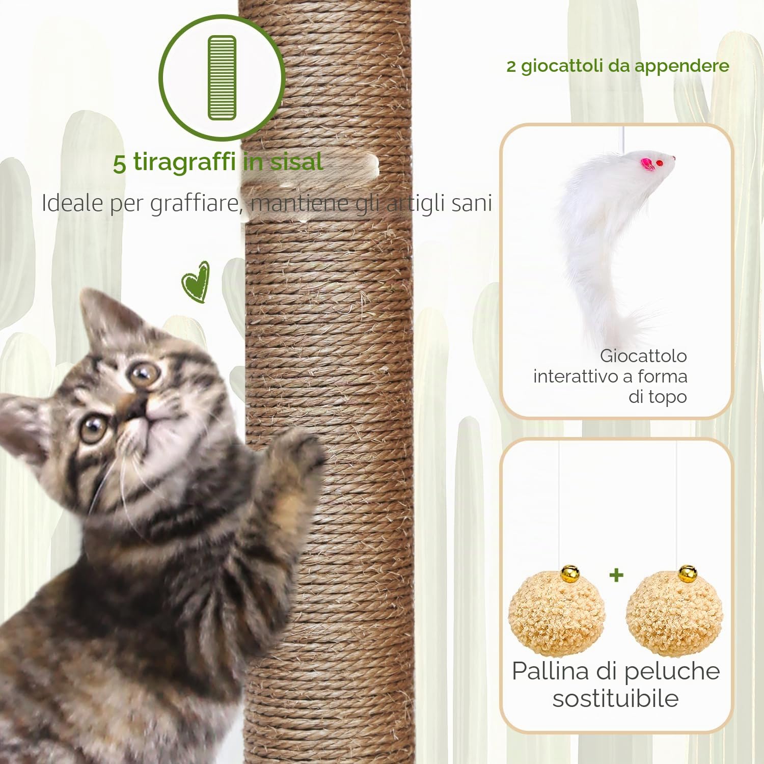 Globlazer Tiragraffi per Cactus Verde con 2 Grotta, Imbottiti Piattaforma,Trespoli, Cestini, Peluche Giocattoli, Stabile Tiragraffi Alto 134 cm per Grandi Gatti Anziani Riposare Giocare (S52, Verde)