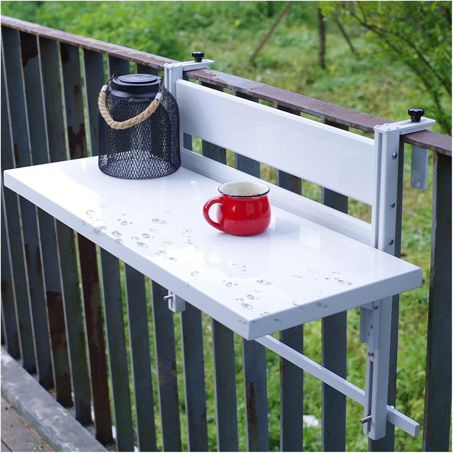 Adjustable Height Foldable Balcony Bar Table for Railing - Space-Saving Outdoor Patio Desk, Small Hanging Garden Furniture (White, 23.6 x 11.8 in)