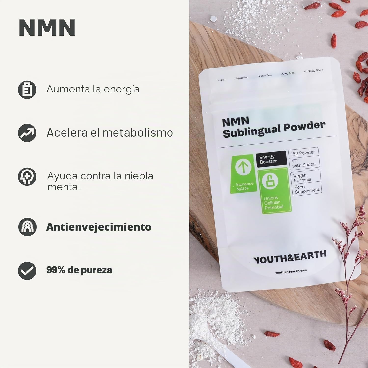 Youth & Earth NAD Polvo Sublingual, 30 g, 60-120 Porciones | Apoyo Energético Y Metabólico, Polvo Sublingual Puro, Fórmula Para Adultos, 30 g, De 60 A 120 Porciones