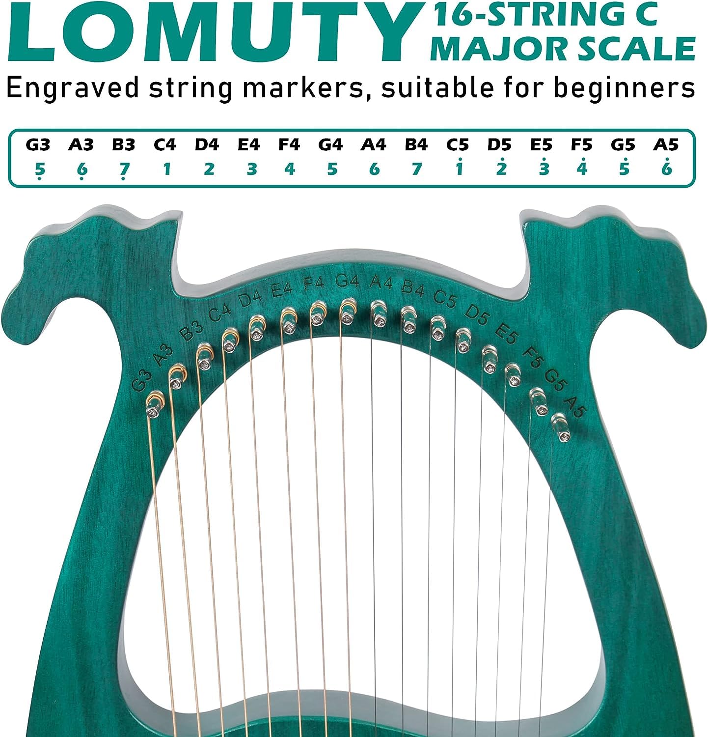 Lyre Harpe 16 Cordes Métalliques en Acajou Petite Harpe Portable Harpe Lyre Métal Selle avec Clé de Réglage et Housse Noire, Vert, Bois de Cerf