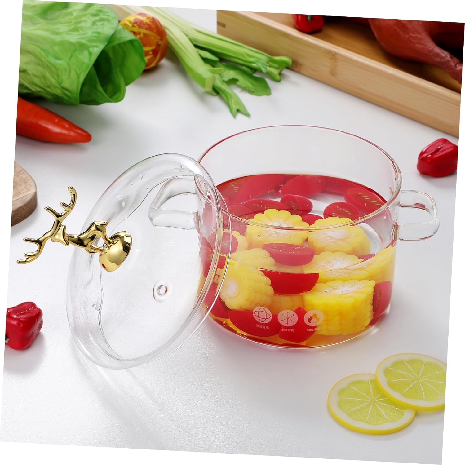 High Borosilicate Glass Stew Pot with Elk Lid Multi Functional Kitchen Stockpot for Noodles Soup and Ramen Home Cooking Heat Resistant Double Handle