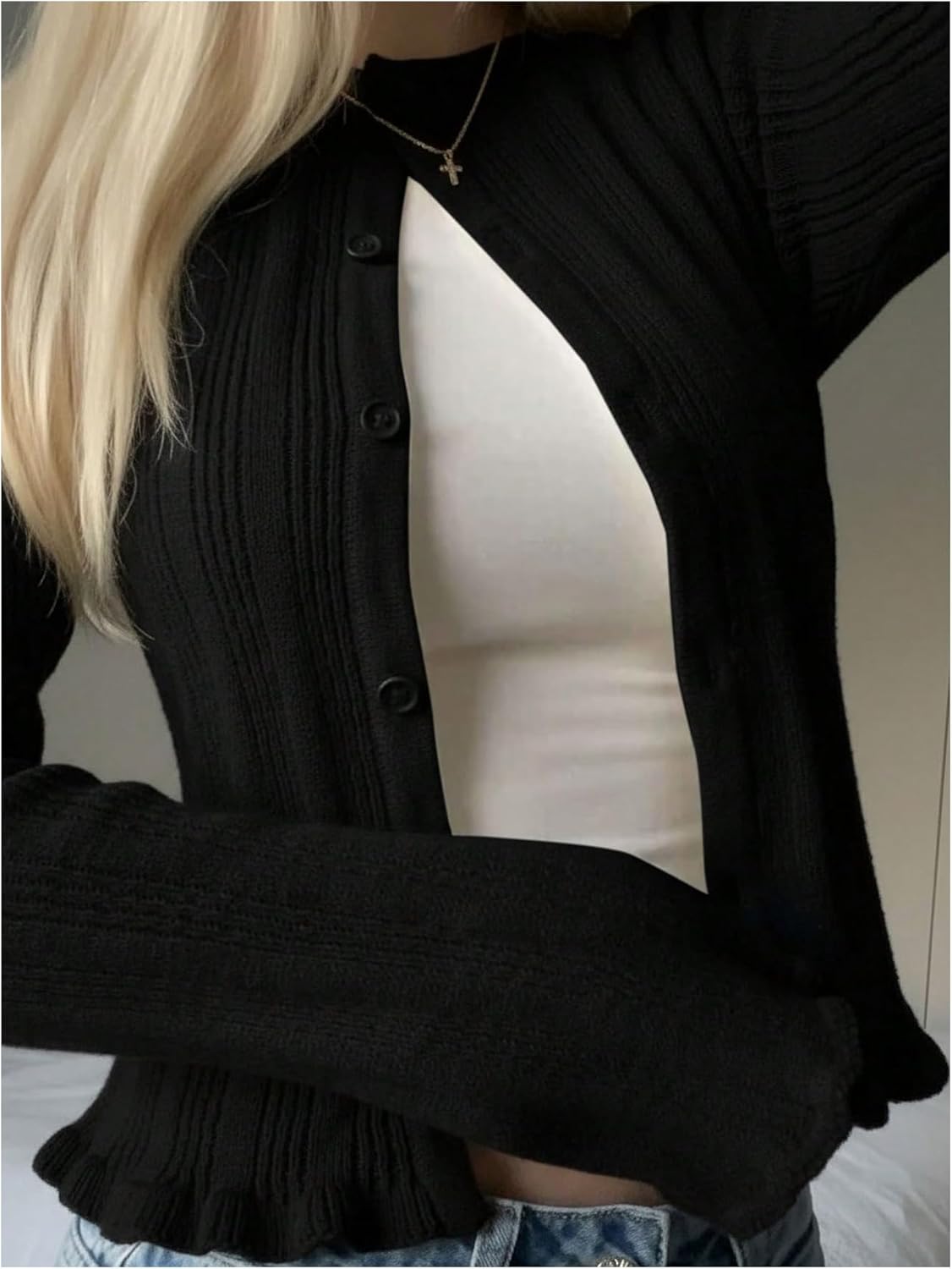 SHENHE Women's Ruffle Cardigan Button Up Crewneck Long Sleeve Fall Knit Y2k Sweater Cardigan - Image 4