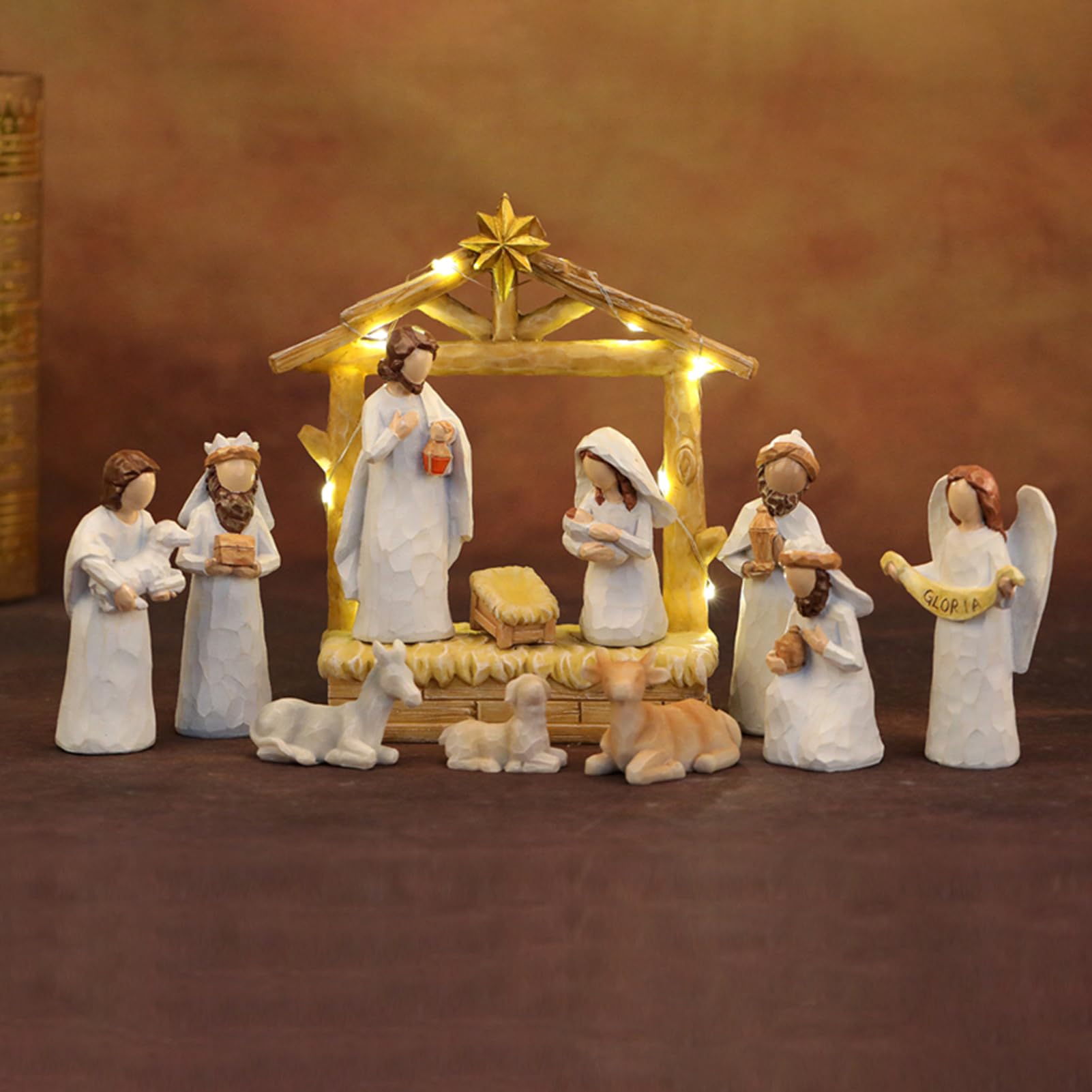 Crèche de Noël - Crèche en Résine avec Étable - Décoration Maison pour Bureau Cheminée Chambre Appartement | Décoration Étable De Noël Maison École Anniversaire Action De Grâces