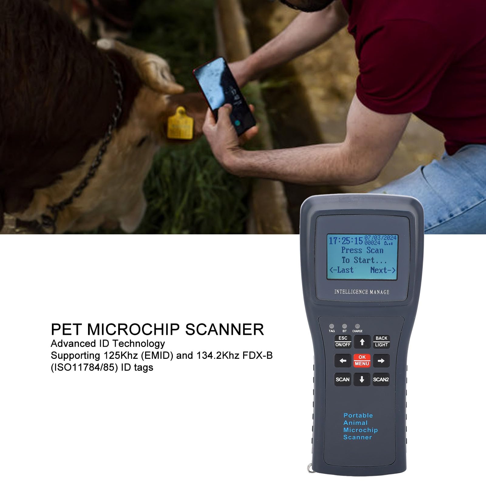 Lettore Microchip Portatile per Cani e Gatti Scanner ID Animale 60000 Record Compatible with ISO 11784/11785 Basso Frequenza Vet