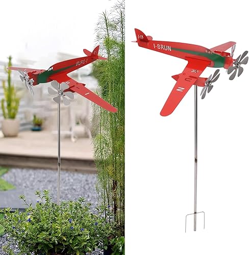 Miniatura 2 de Molino de viento para aviones, metal con forma de avión para el clima, hilandero de viento 3D, rojo, a prueba de óxido, liso, molino de viento de