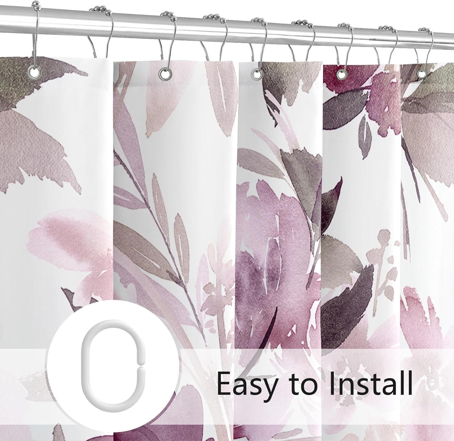 MAYZUS Mauve Floral Shower Curtain, Watercolor Flower Shower Curtain for Bathroom, Modern Abstract Ink Decorative Fabric Shower Curtain Set with Hooks 72x72